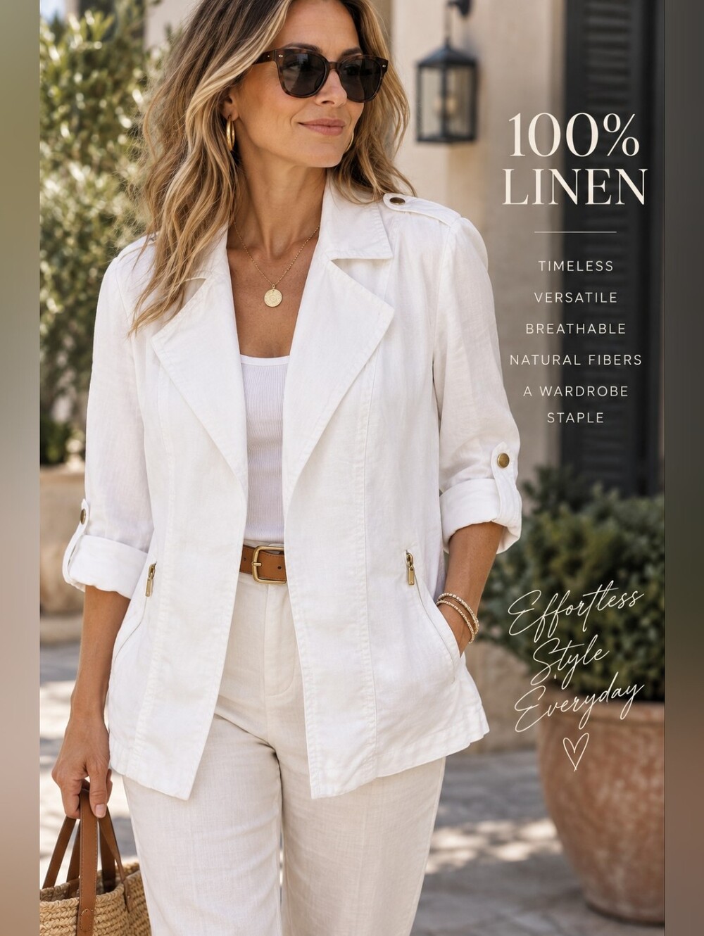 Chico’s 100% Linen White Safari Jacket Sz 2 M 8/10 Gold Hardware Coastal Grandma